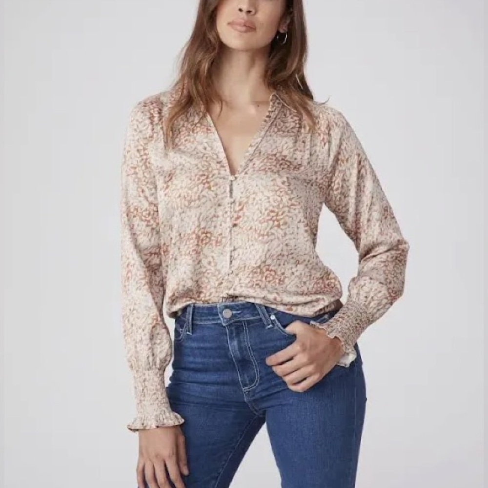 PAIGE Sayven Satin Long Sleeve V-Neck Blouse Patterned Button Down Shirt